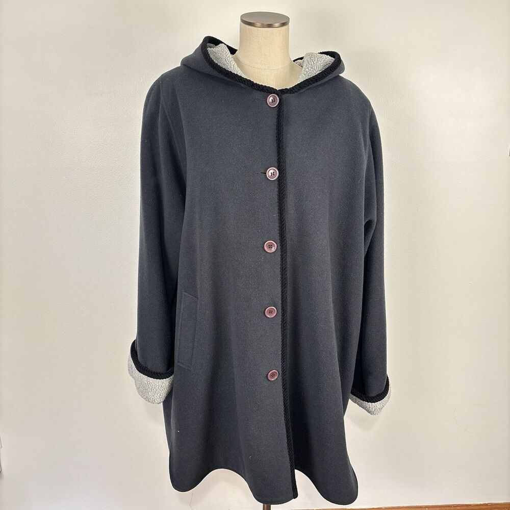 Vintage Audrey Celine 2X Pure Wool Hooded Coat Jacket Fleece Trim Black 80s 90s